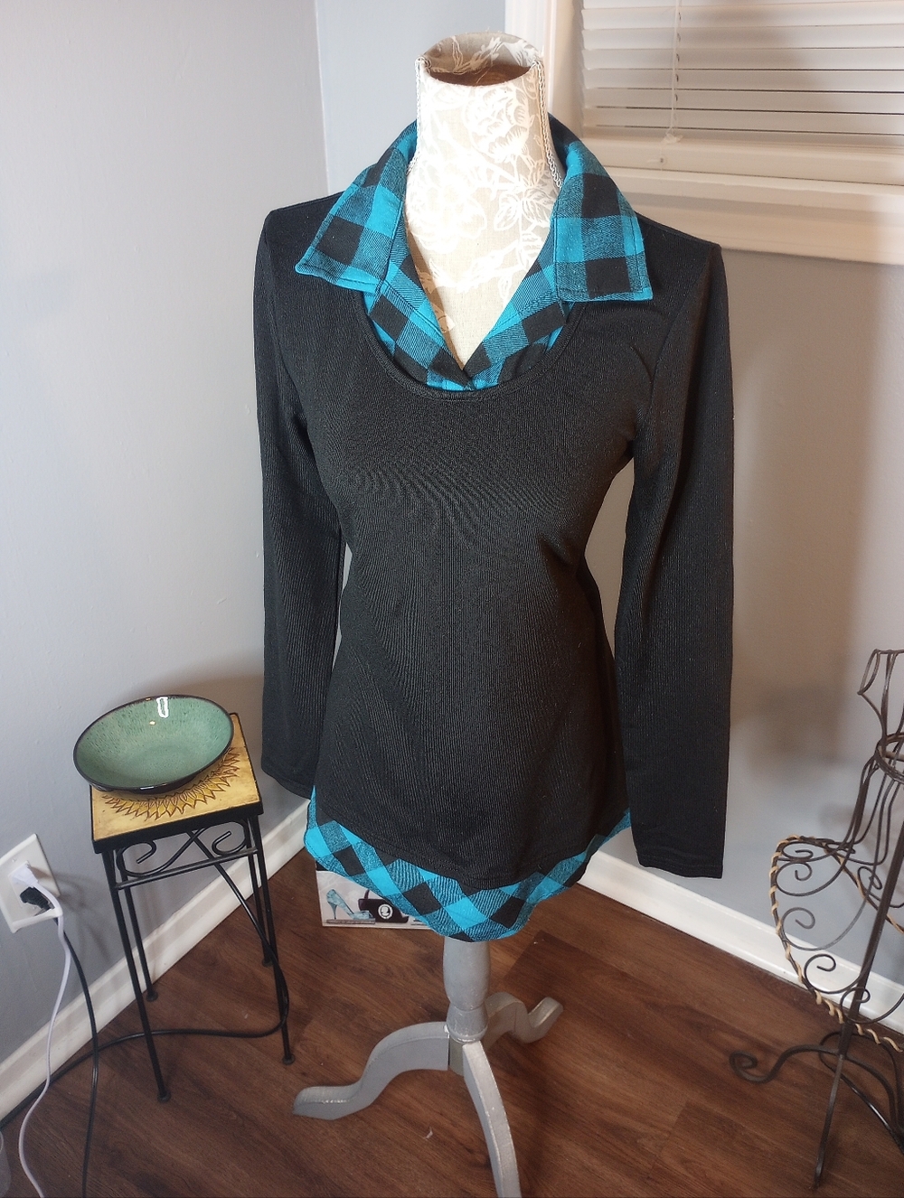 Kohl's Black Sweater with Turquoise Plaid Trim